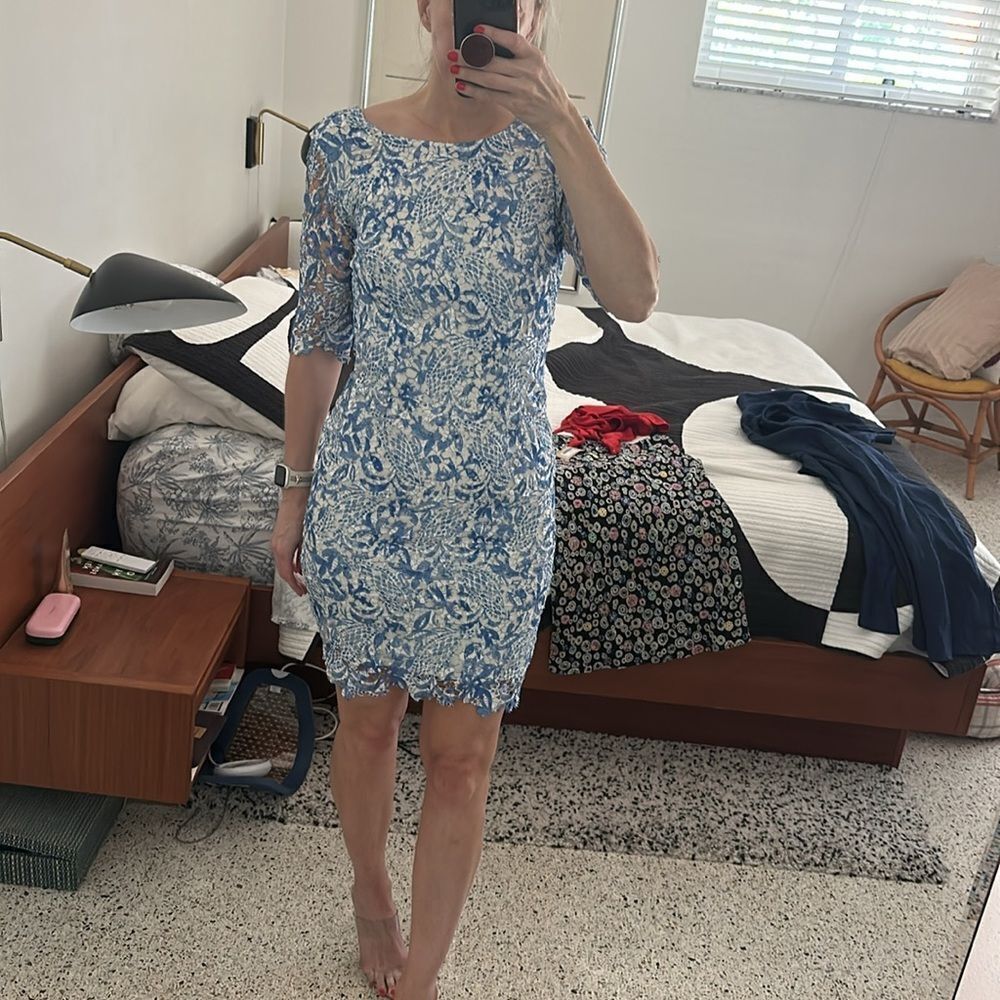 Antonio Melani blue white lace mini dress 0 wedding guest